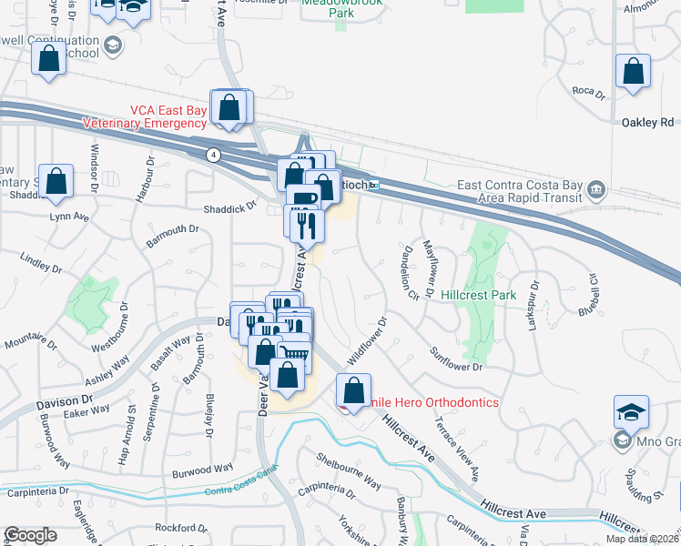 map of restaurants, bars, coffee shops, grocery stores, and more near 2705 Lotus Court in Antioch