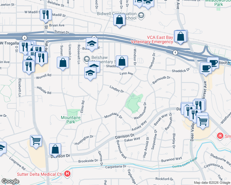 map of restaurants, bars, coffee shops, grocery stores, and more near 452 Christina Court in Antioch