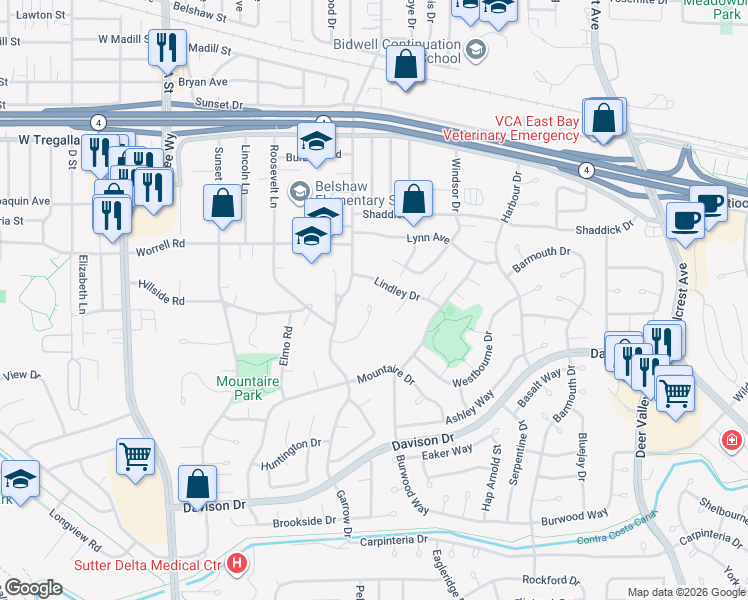 map of restaurants, bars, coffee shops, grocery stores, and more near 452 Christina Court in Antioch