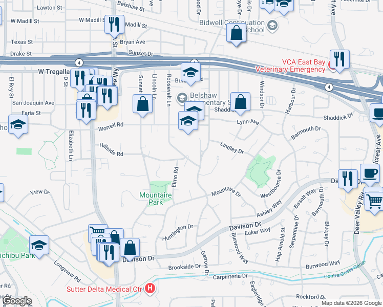 map of restaurants, bars, coffee shops, grocery stores, and more near 2963 Hillside Drive in Antioch