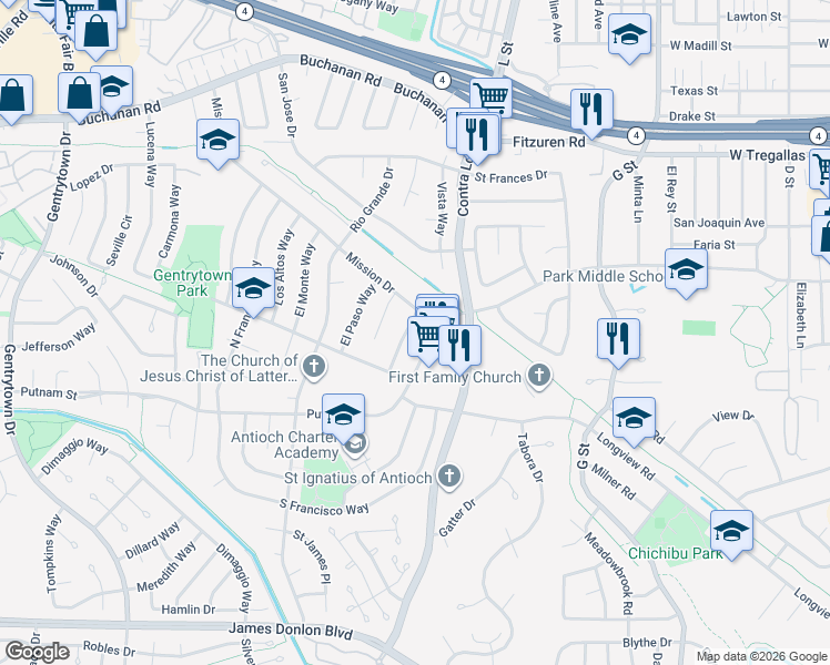 map of restaurants, bars, coffee shops, grocery stores, and more near 1104 Putnam Street in Antioch