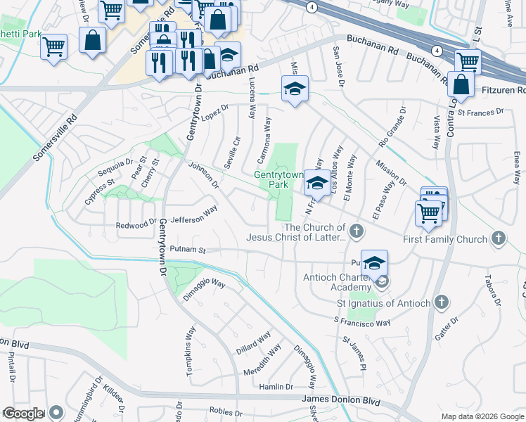 map of restaurants, bars, coffee shops, grocery stores, and more near 2817 Ford Court in Antioch