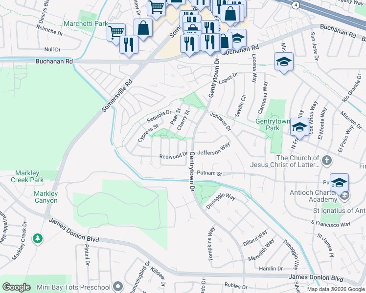 map of restaurants, bars, coffee shops, grocery stores, and more near 3121 Pine Street in Antioch