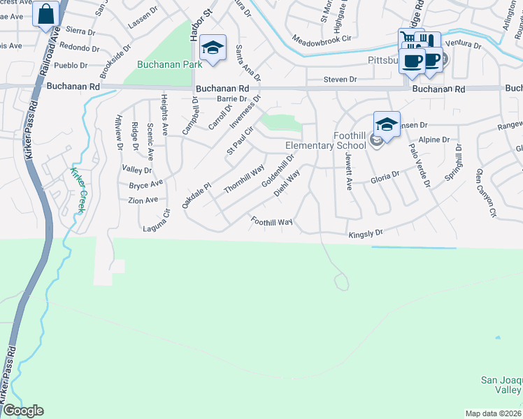 map of restaurants, bars, coffee shops, grocery stores, and more near 4304 Alcosta Place in Pittsburg