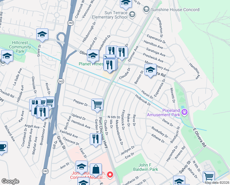map of restaurants, bars, coffee shops, grocery stores, and more near 3279 Meadowbrook Drive in Concord
