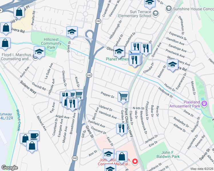 map of restaurants, bars, coffee shops, grocery stores, and more near 2297 Acacia Drive in Concord