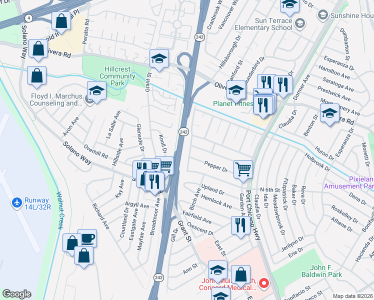 map of restaurants, bars, coffee shops, grocery stores, and more near 2930 Ponderosa Drive in Concord