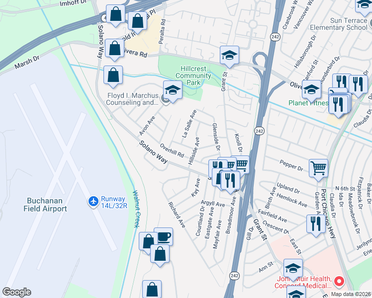 map of restaurants, bars, coffee shops, grocery stores, and more near 2029 Overhill Road in Concord