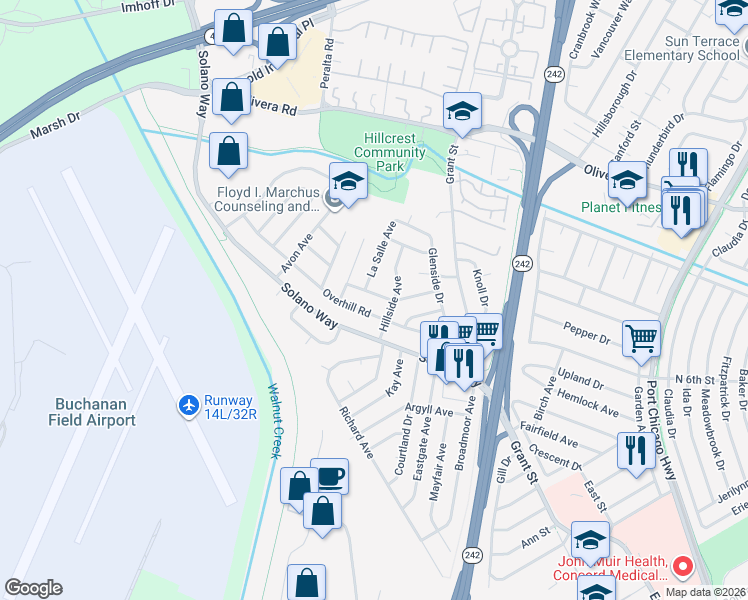 map of restaurants, bars, coffee shops, grocery stores, and more near 2029 Overhill Road in Concord