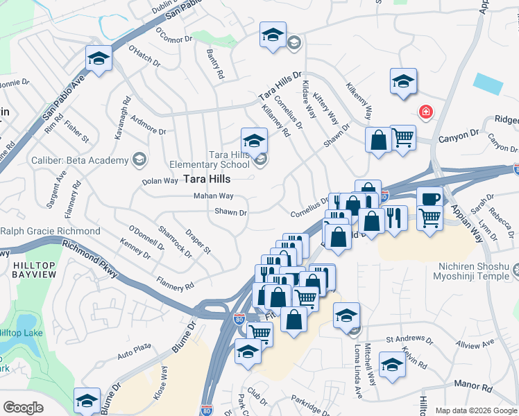 map of restaurants, bars, coffee shops, grocery stores, and more near 2389 Shawn Drive in San Pablo