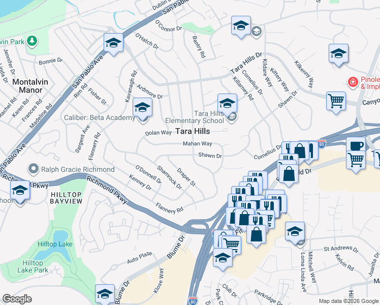 map of restaurants, bars, coffee shops, grocery stores, and more near 2790 Flannery Road in San Pablo