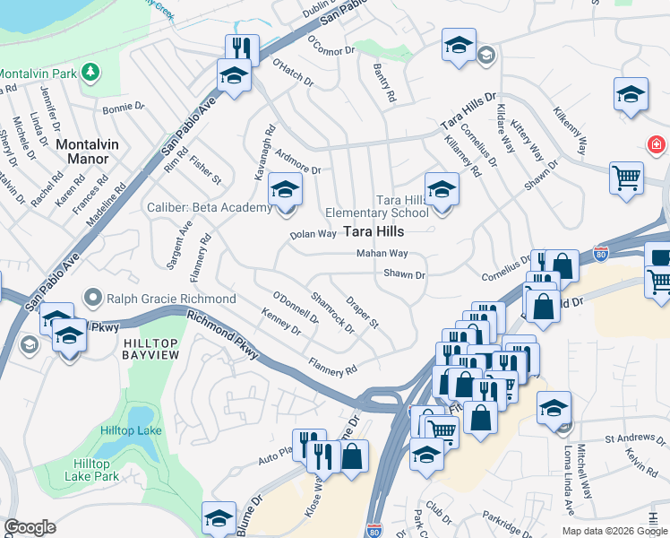 map of restaurants, bars, coffee shops, grocery stores, and more near 2453 Shawn Drive in San Pablo