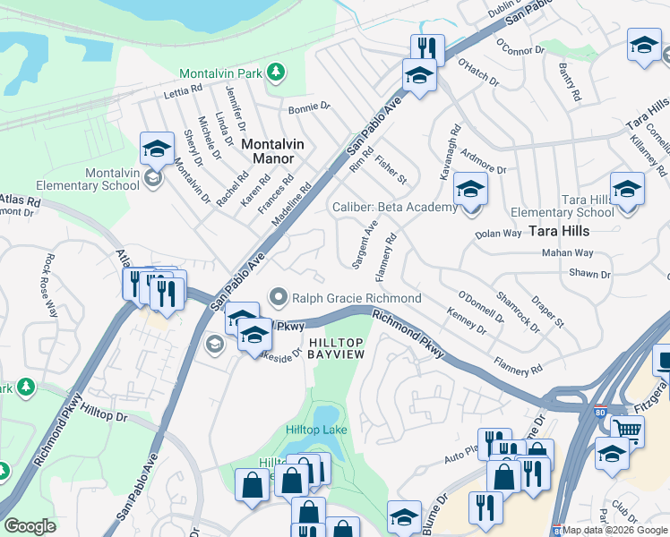 map of restaurants, bars, coffee shops, grocery stores, and more near 2776 Sargent Avenue in San Pablo