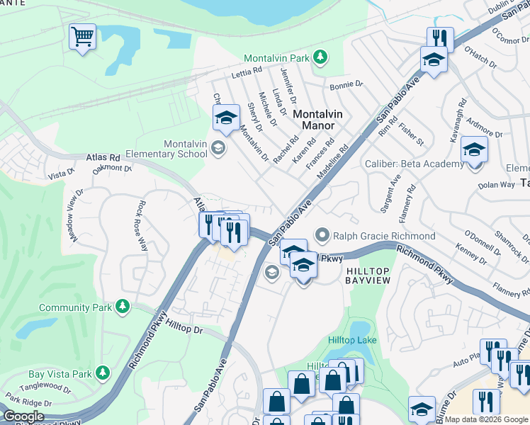map of restaurants, bars, coffee shops, grocery stores, and more near 1601 Daisy Court in Richmond