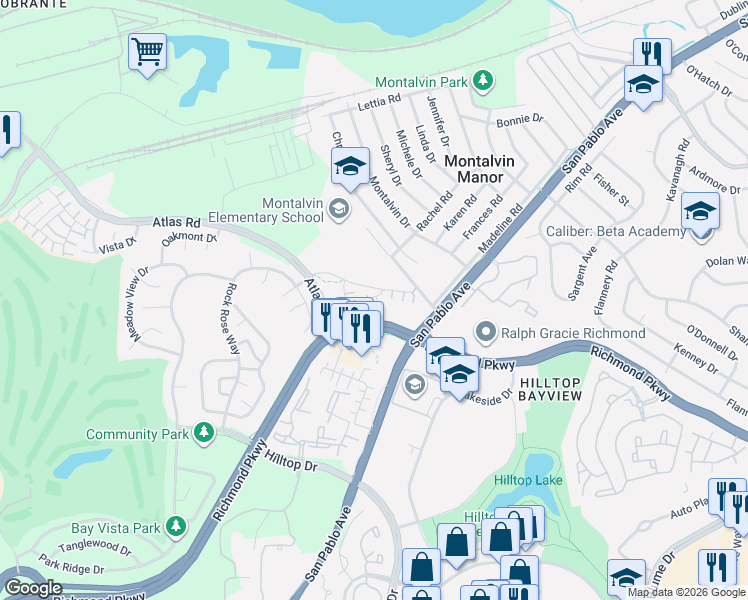 map of restaurants, bars, coffee shops, grocery stores, and more near 1601 Daisy Court in Richmond