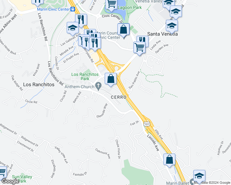 map of restaurants, bars, coffee shops, grocery stores, and more near 19 Merrydale Road in San Rafael