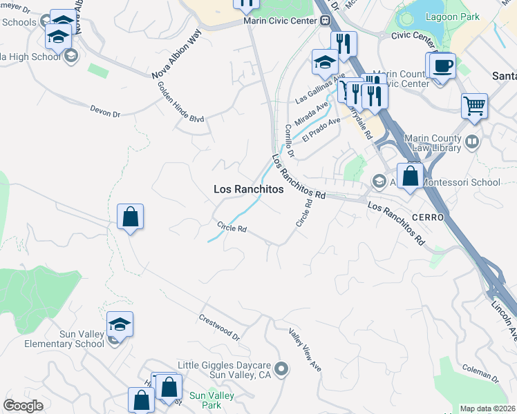 map of restaurants, bars, coffee shops, grocery stores, and more near 2 Farm Road in San Rafael