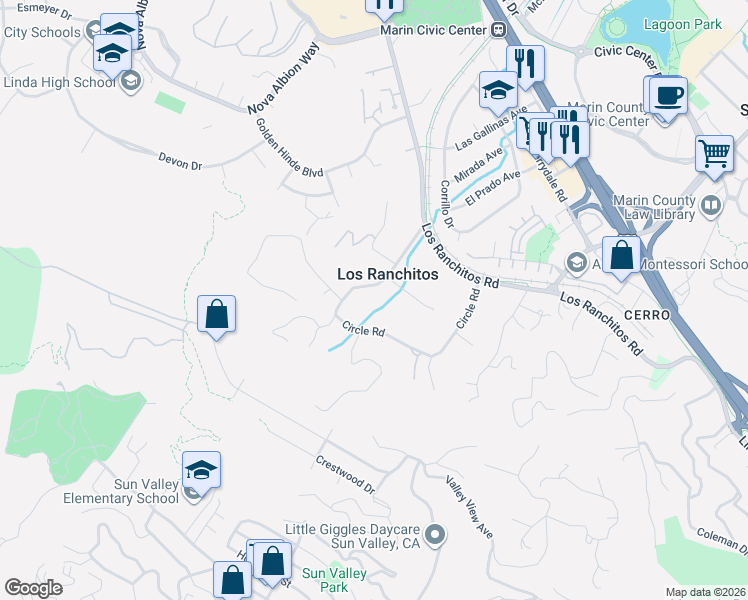 map of restaurants, bars, coffee shops, grocery stores, and more near 2 Farm Road in San Rafael