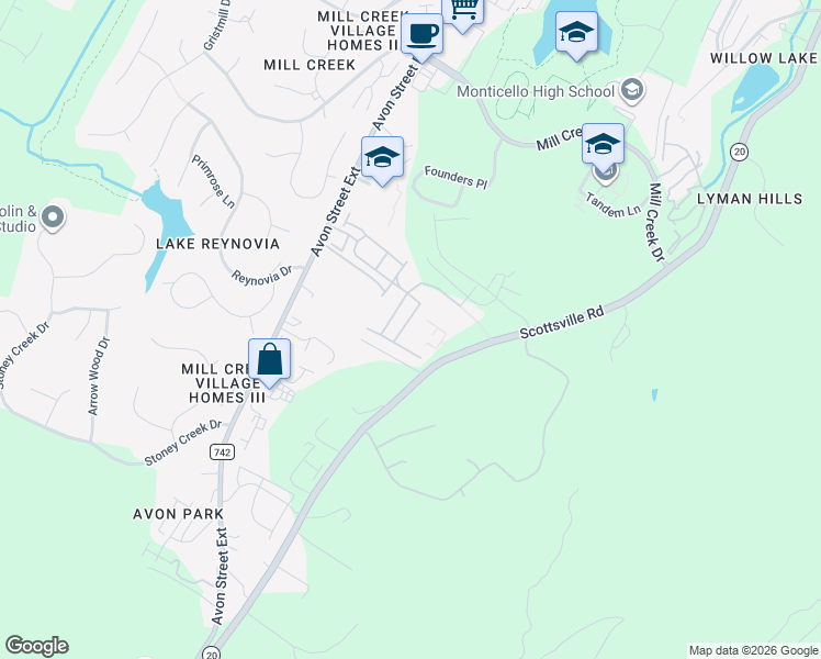 map of restaurants, bars, coffee shops, grocery stores, and more near 3433 Montague Street in Charlottesville