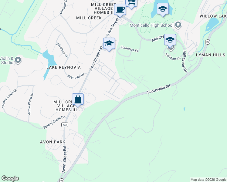 map of restaurants, bars, coffee shops, grocery stores, and more near 3433 Montague Street in Charlottesville