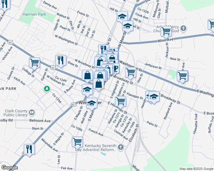 map of restaurants, bars, coffee shops, grocery stores, and more near 57 South Main Street in Winchester