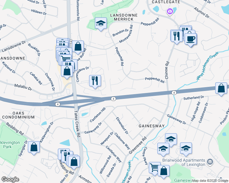 map of restaurants, bars, coffee shops, grocery stores, and more near 3452 Simcoe Court in Lexington