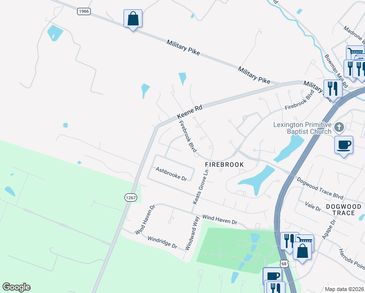 map of restaurants, bars, coffee shops, grocery stores, and more near 4872 Firebrook Boulevard in Lexington