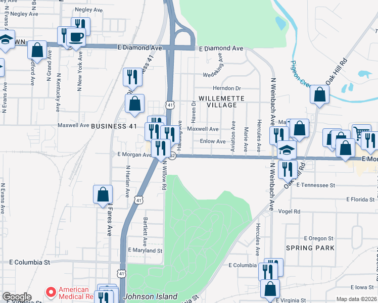 map of restaurants, bars, coffee shops, grocery stores, and more near 1613 Harding Avenue in Evansville