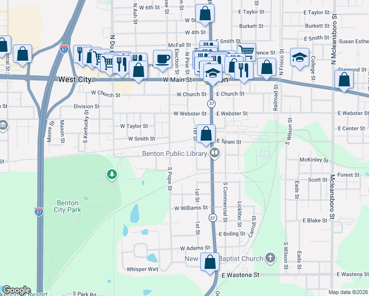 map of restaurants, bars, coffee shops, grocery stores, and more near 223-299 West Hudelson Street in Benton