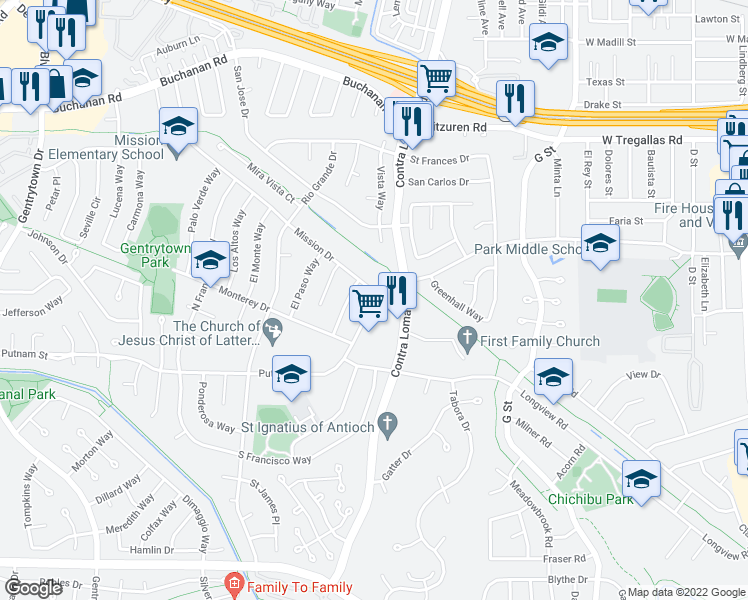 map of restaurants, bars, coffee shops, grocery stores, and more near Putnam Street in Antioch