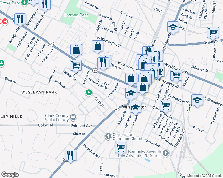 map of restaurants, bars, coffee shops, grocery stores, and more near 209 West Hickman Street in Winchester