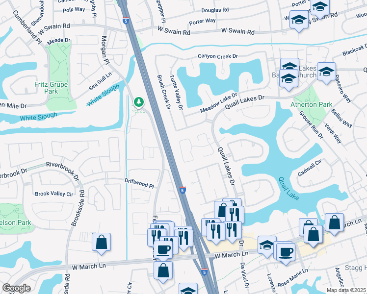 map of restaurants, bars, coffee shops, grocery stores, and more near 3591 Quail Lakes Drive in Stockton