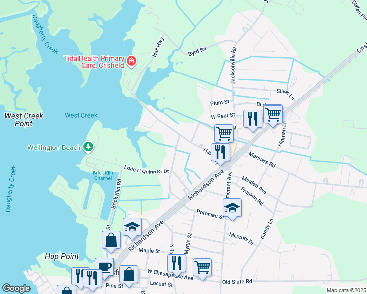 map of restaurants, bars, coffee shops, grocery stores, and more near 38 Wynfall Avenue in Crisfield