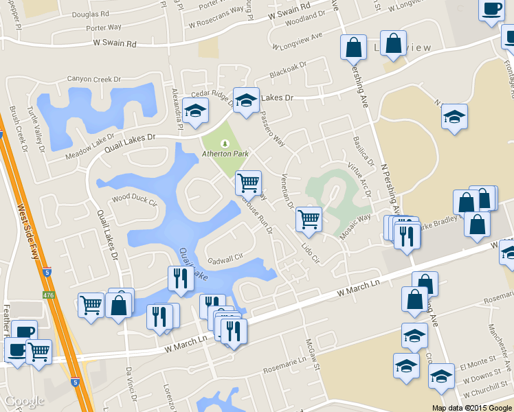 map of restaurants, bars, coffee shops, grocery stores, and more near 5222 Grouse Run Drive in Stockton