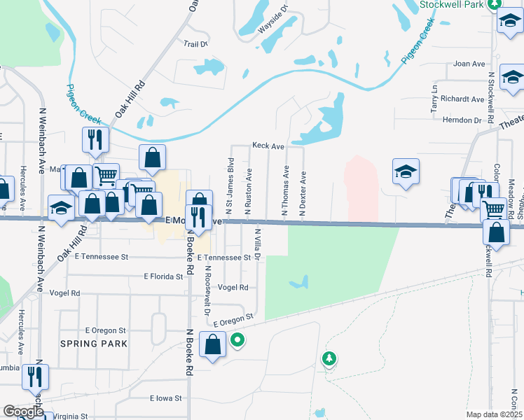 map of restaurants, bars, coffee shops, grocery stores, and more near 1612 North Villa Drive in Evansville