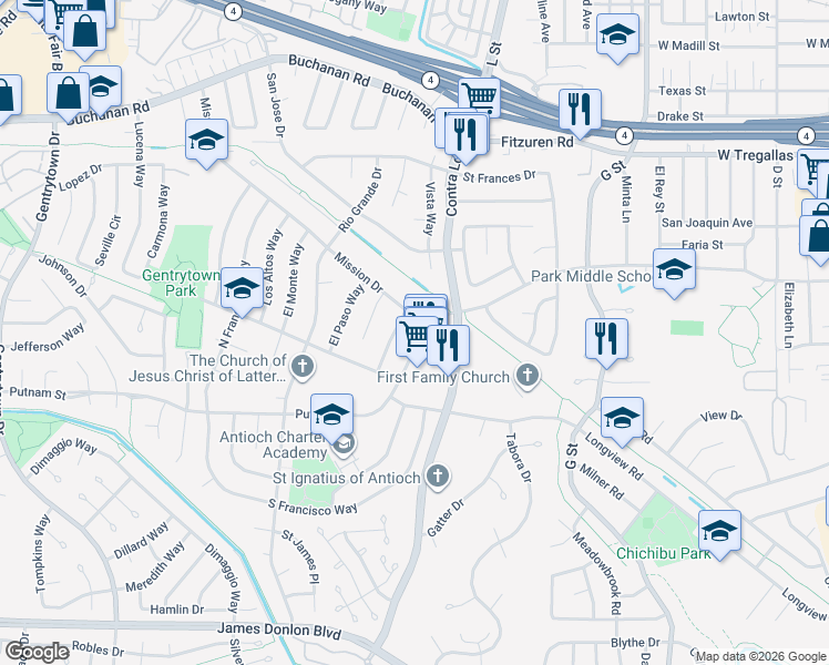 map of restaurants, bars, coffee shops, grocery stores, and more near 1104 Putnam Street in Antioch