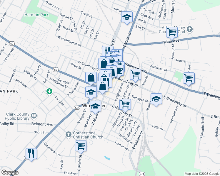 map of restaurants, bars, coffee shops, grocery stores, and more near 57 South Main Street in Winchester