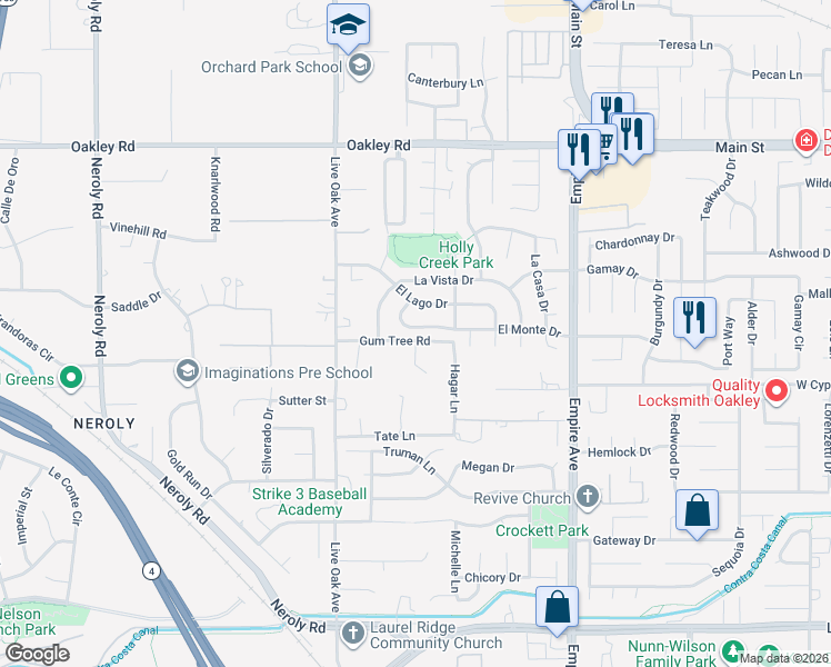 map of restaurants, bars, coffee shops, grocery stores, and more near 2331 El Monte Drive in Oakley