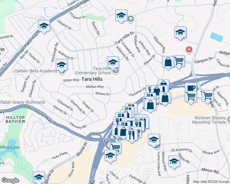 map of restaurants, bars, coffee shops, grocery stores, and more near 2389 Shawn Drive in San Pablo
