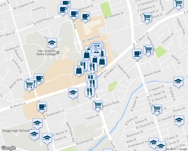 map of restaurants, bars, coffee shops, grocery stores, and more near 4704 Pacific Avenue in Stockton