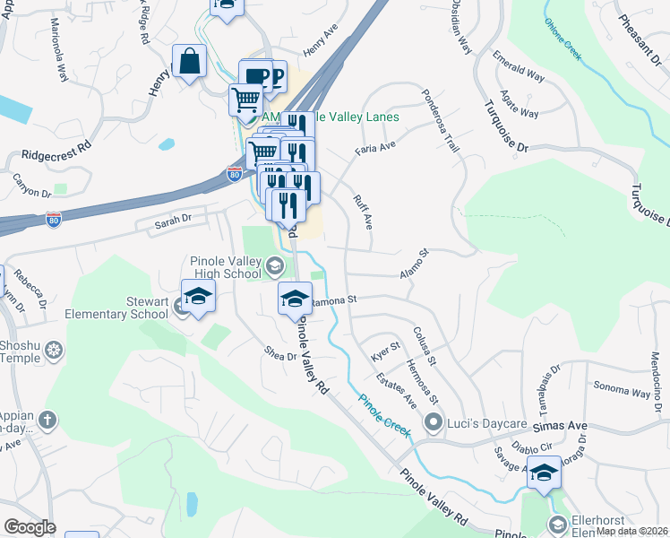 map of restaurants, bars, coffee shops, grocery stores, and more near 2930 Estates Avenue in Pinole