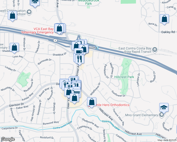 map of restaurants, bars, coffee shops, grocery stores, and more near 2758 Lily Court in Antioch