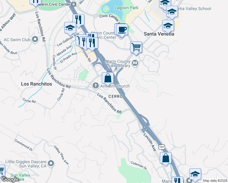 map of restaurants, bars, coffee shops, grocery stores, and more near 19 Merrydale Road in San Rafael