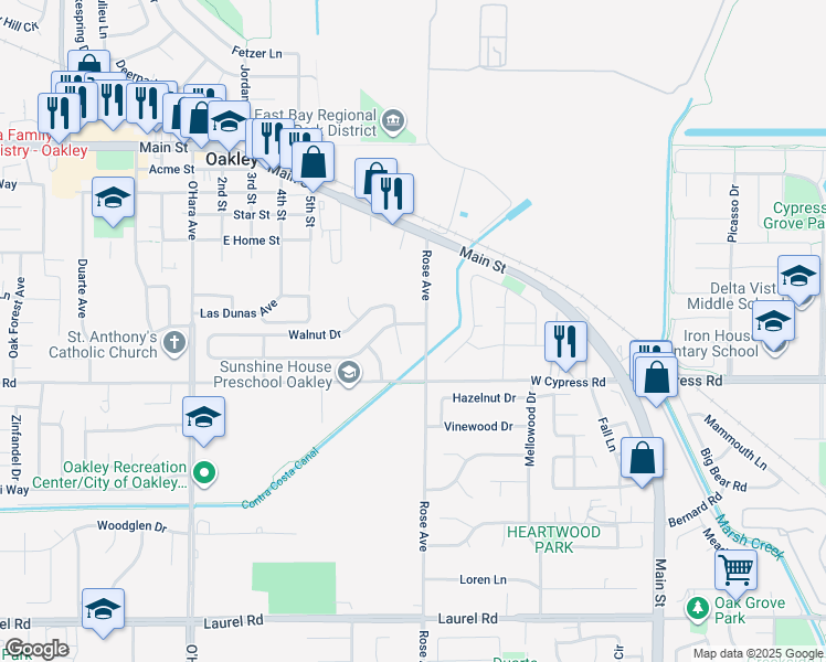 map of restaurants, bars, coffee shops, grocery stores, and more near 621 Almond Drive in Oakley