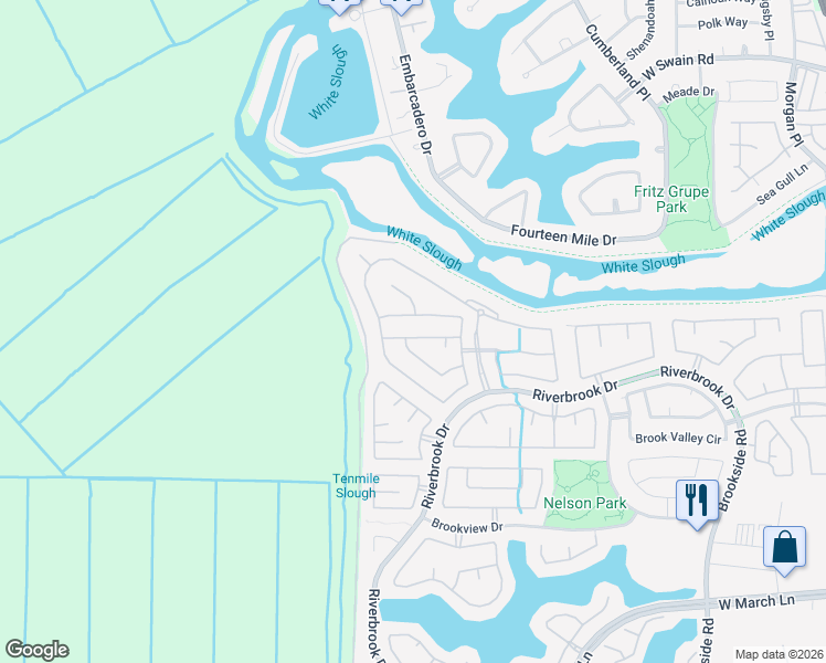 map of restaurants, bars, coffee shops, grocery stores, and more near 4139 Coastal Cove Lane in Stockton