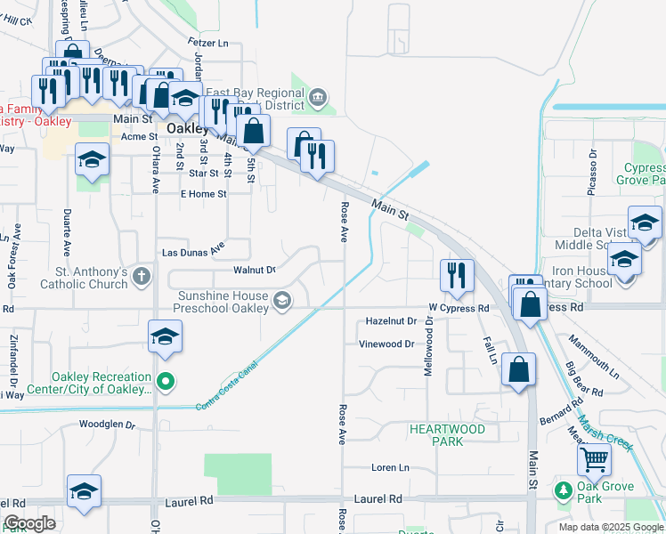 map of restaurants, bars, coffee shops, grocery stores, and more near 621 Almond Drive in Oakley