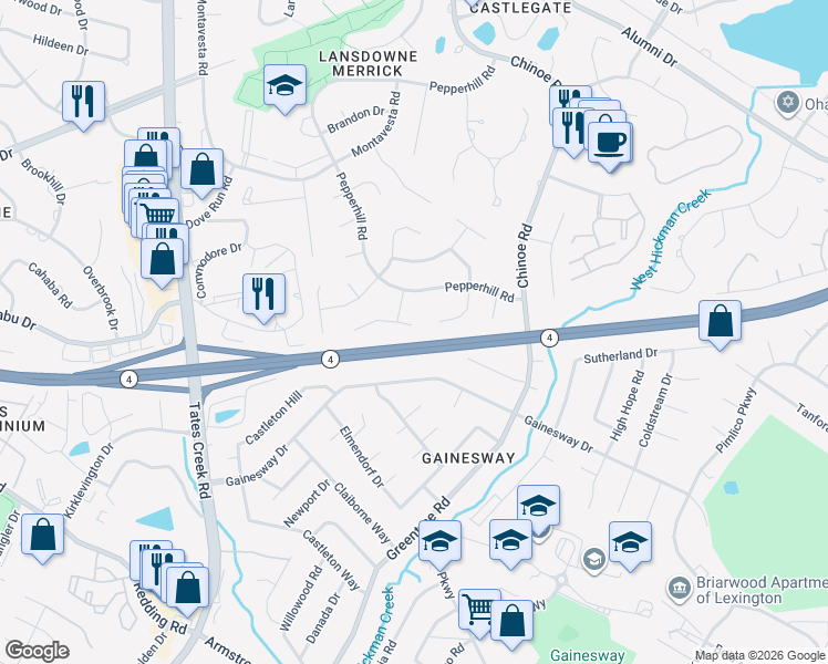 map of restaurants, bars, coffee shops, grocery stores, and more near 3420 Simcoe Court in Lexington