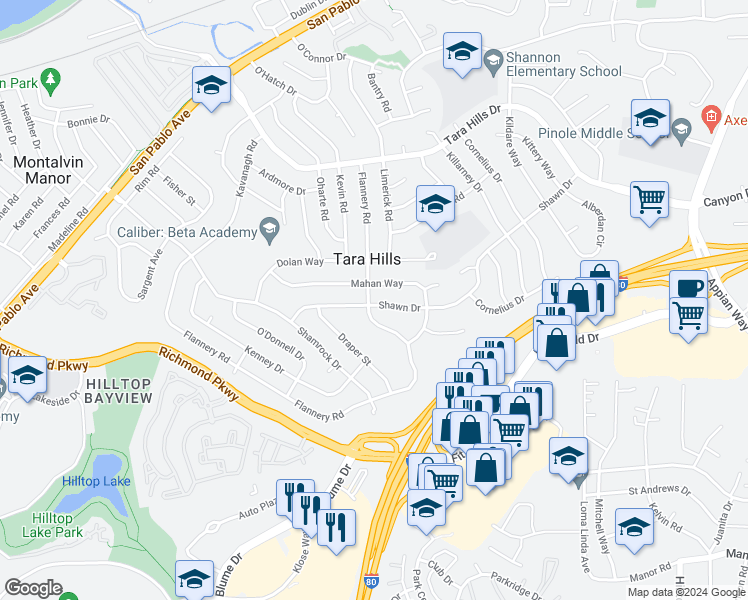 map of restaurants, bars, coffee shops, grocery stores, and more near 2790 Flannery Road in San Pablo
