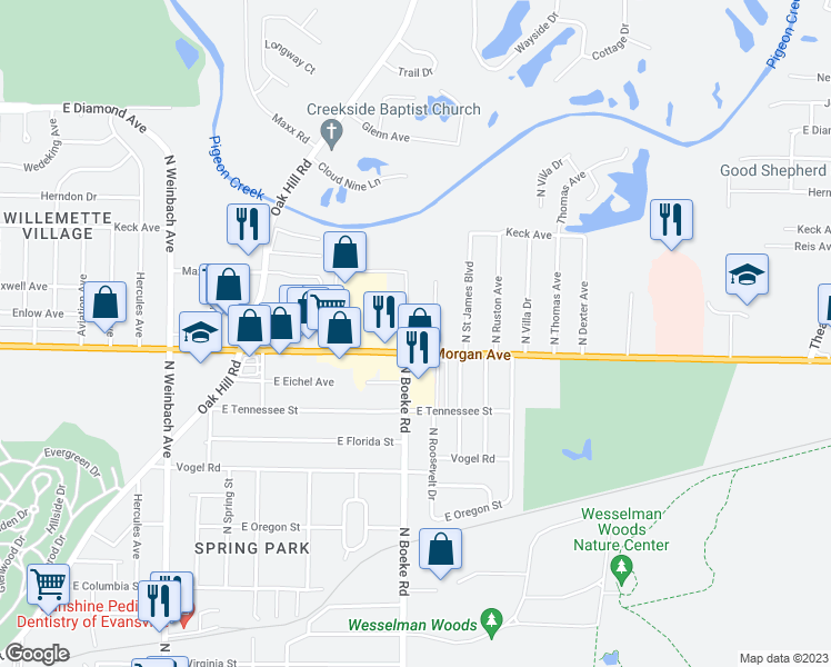 map of restaurants, bars, coffee shops, grocery stores, and more near 1613 North Boeke Road in Evansville