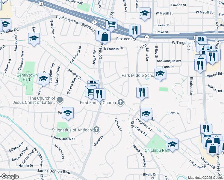 map of restaurants, bars, coffee shops, grocery stores, and more near 3012 Greenhall Way in Antioch